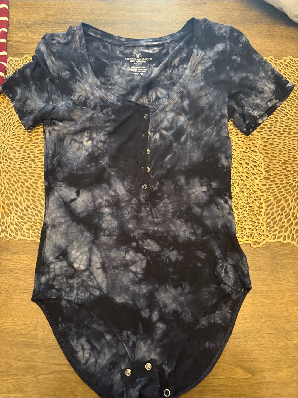 American Eagle Outfitters Black and Gray Tie-Dye Henley Bodysuit - Short Sleeve